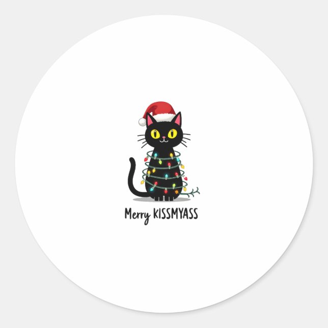Merry Kissmyass Funny Cat Christmas Lights Premium Runder Aufkleber (Vorderseite)
