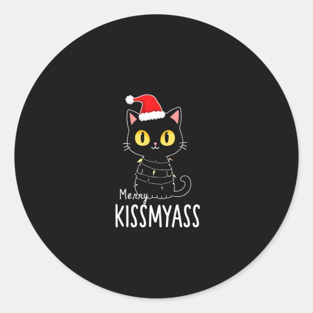 Merry Kissmyass Funny Cat Christmas Lights Premium Runder Aufkleber (Vorderseite)