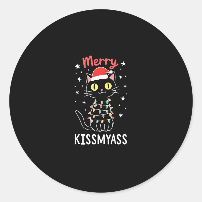 Merry Kissmyass Funny Cat Christmas Lights Premium Runder Aufkleber (Vorderseite)