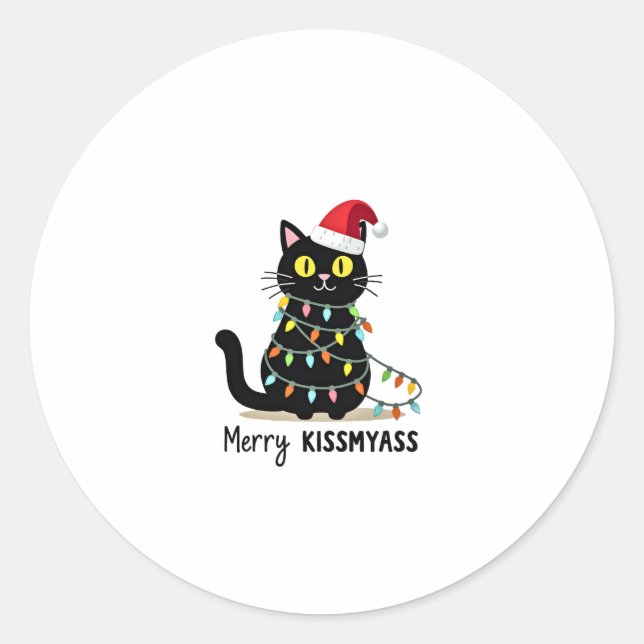 Merry Kissmyass Funny Cat Christmas Lights Premium Runder Aufkleber (Vorderseite)
