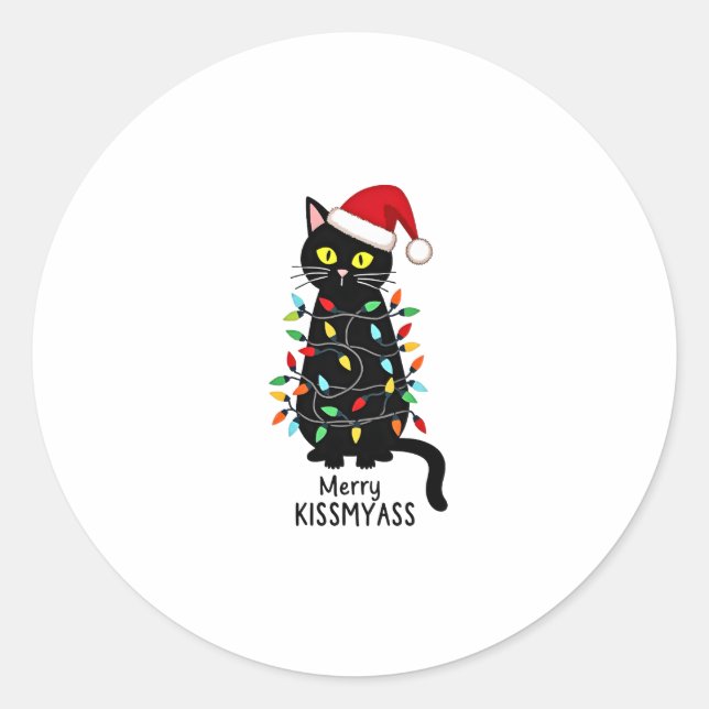 Merry Kissmyass Funny Cat Christmas Lights Premium Runder Aufkleber (Vorderseite)