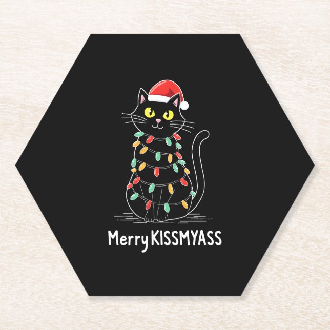 Merry Kissmyass Funny Cat Christmas Lights Premium Untersetzer (Vorderseite)