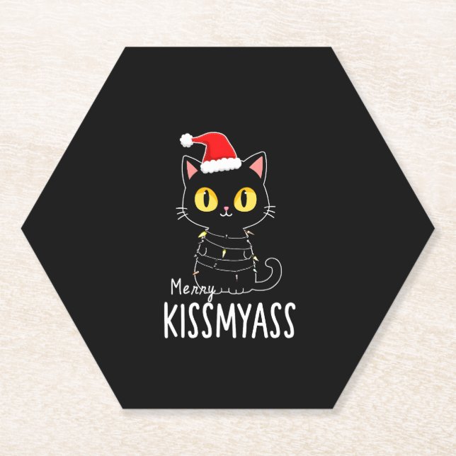 Merry Kissmyass Funny Cat Christmas Lights Premium Untersetzer (Vorderseite)