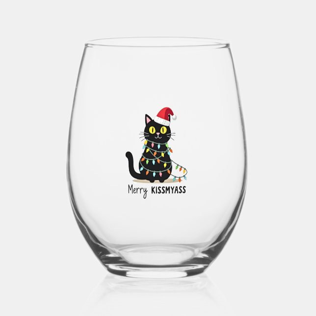 Merry Kissmyass Funny Cat Christmas Lights Premium Weinglas Ohne Stiel (Vorderseite)