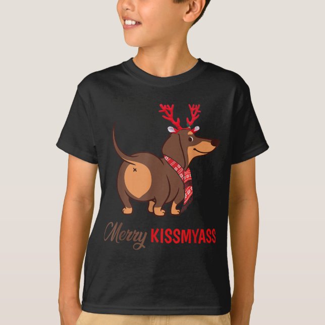 Merry Kissmyass Funny Christmas Rentier Dackel T-Shirt (Vorderseite)