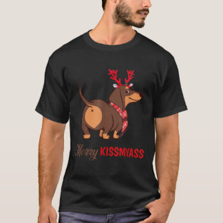 Merry Kissmyass Funny Christmas Rentier Dackel T-Shirt