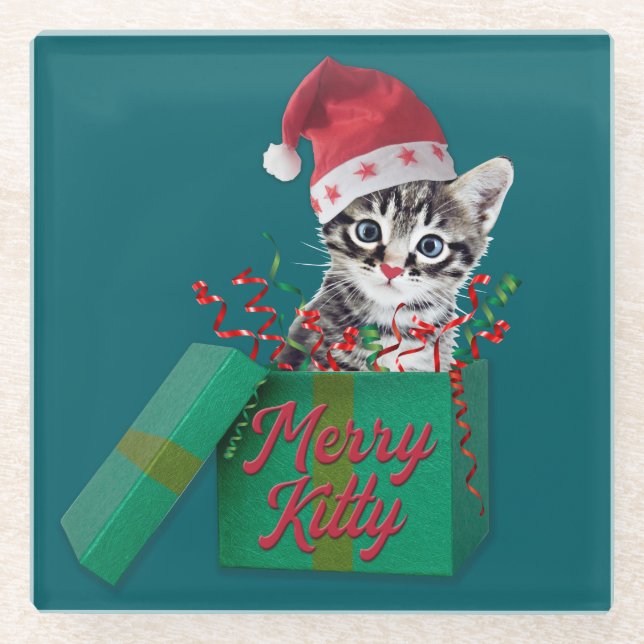 Merry Kitty, Frohe Weihnachten Glasuntersetzer (Vorderseite)