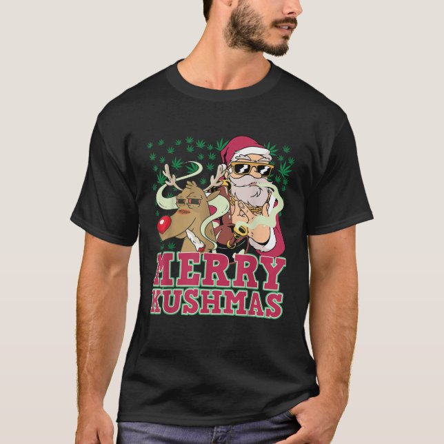 Merry Kushmas Santa Rudolph Smoking Pot T-Shirt (Vorderseite)