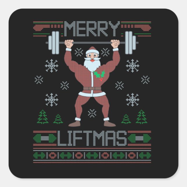 Merry Liftmas hässlich Weihnachtsgymnastik Workout Quadratischer Aufkleber (Vorderseite)
