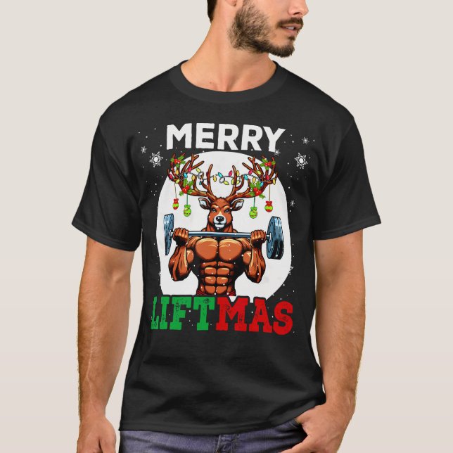Merry Liftmas Weihnachtsbaum Rentier Weightlift Gy T-Shirt (Vorderseite)