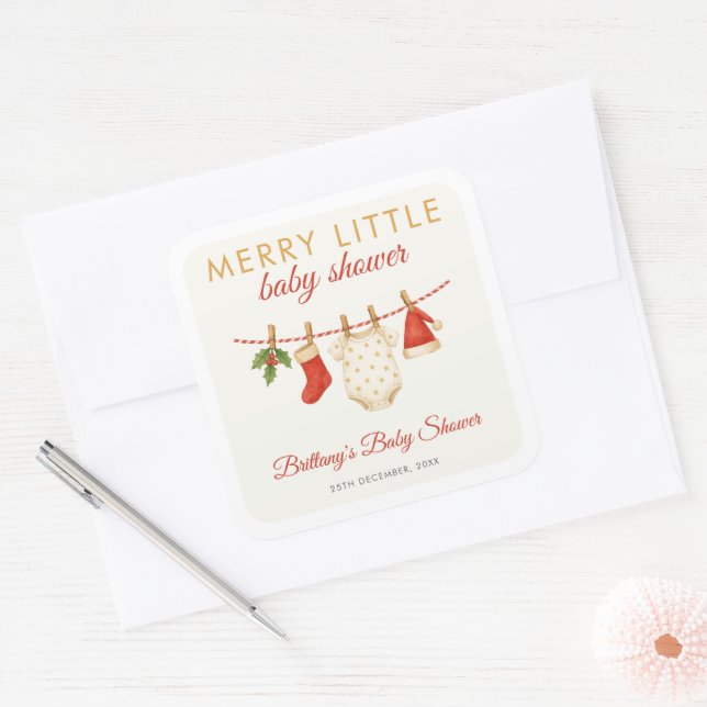 Merry Little Baby Clothesline Baby Dusche Quadratischer Aufkleber (Umschlag)