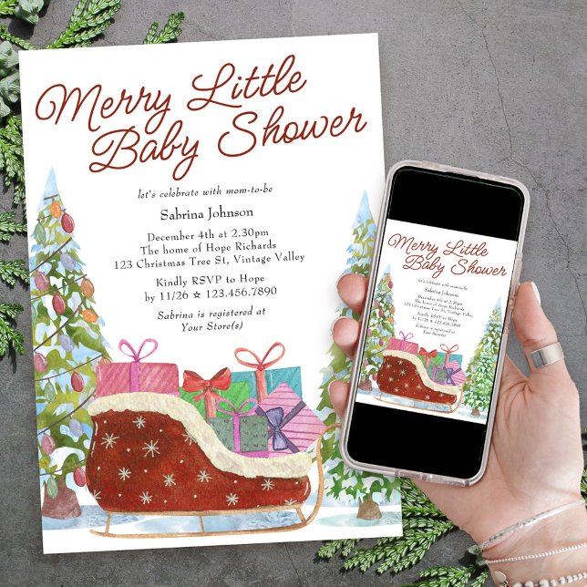 Merry Little Baby Dusche Vintag Sleigh Einladung (Merry Little Baby Shower Invitation for the holiday season with christmas tree and red velvet sleigh)