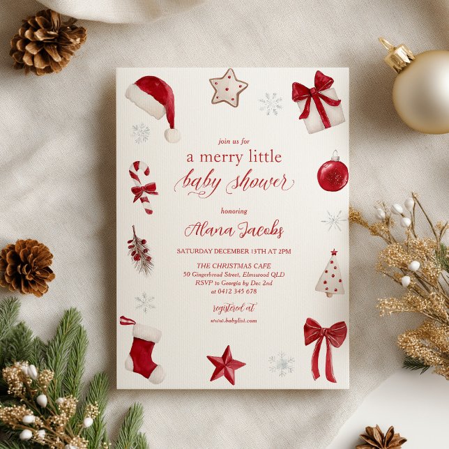 Merry Little Baby Shower Christmas Festive  Einladung (Merry little Baby Shower! Christmas themed Baby Shower Invitation)