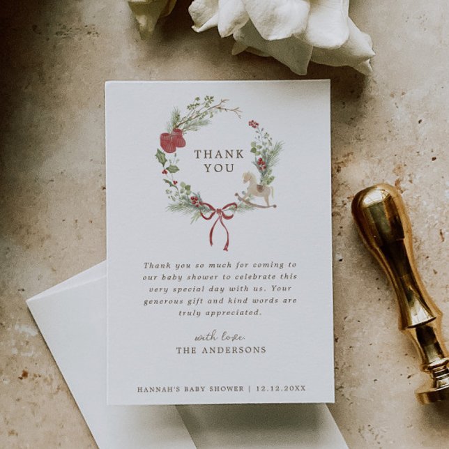 Merry Little Baby Shower Red Bow Wreath Dankeskarte (Von Creator hochgeladen)