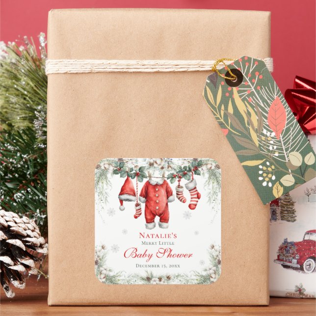 Merry Little Baby Shower Santa Clothesline Quadratischer Aufkleber (Feiertag)