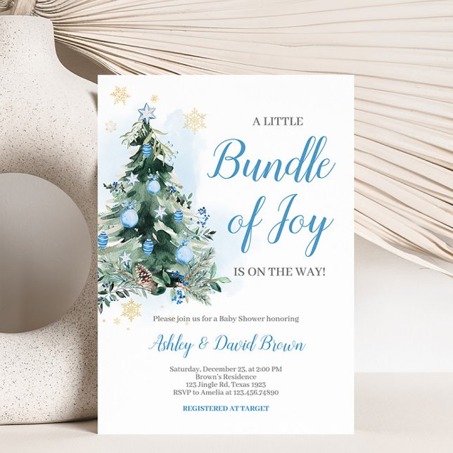 Merry Little Bundle of Joy Baby Shower Einladung (Blue Christmas Tree Baby Shower Invitation)
