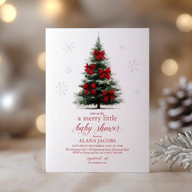 Merry Little Christmas Baby Shower Xmas Tree Einladung (Merry Little Baby Shower! Christmas themed Baby Shower invitation with tree and red bows)
