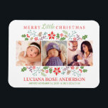 Merry Little Christmas Baby's erstes Foto Collage Magnet<br><div class="desc">Der Feiertagsmagnet "Merry Little Christmas" enthält einen eigenen Foto für den Babynamen,  das Geburtsdatum und die Statistik. Eine Blumengrenze von Heiligen,  Beeren,  Blätter,  Nadelkronen und Ästen umrahmt Ihre drei (3) beliebten neugeborenen Fotos. Farbschema: Weiß mit rot,  staubig lila,  grün,  braun und matt aqua blau.</div>