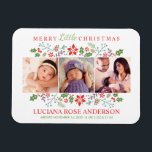 Merry Little Christmas Baby's erstes Foto Collage Magnet<br><div class="desc">Der Feiertagsmagnet "Merry Little Christmas" enthält einen eigenen Foto für den Babynamen,  das Geburtsdatum und die Statistik. Eine Blumengrenze von Heiligen,  Beeren,  Blätter,  Nadelkronen und Ästen umrahmt Ihre drei (3) beliebten neugeborenen Fotos. Farbschema: Weiß mit rot,  staubig lila,  grün,  braun und matt aqua blau.</div>