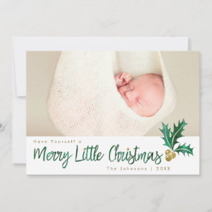 Merry Little Christmas Green Gold Holly Watercolor Feiertagskarte