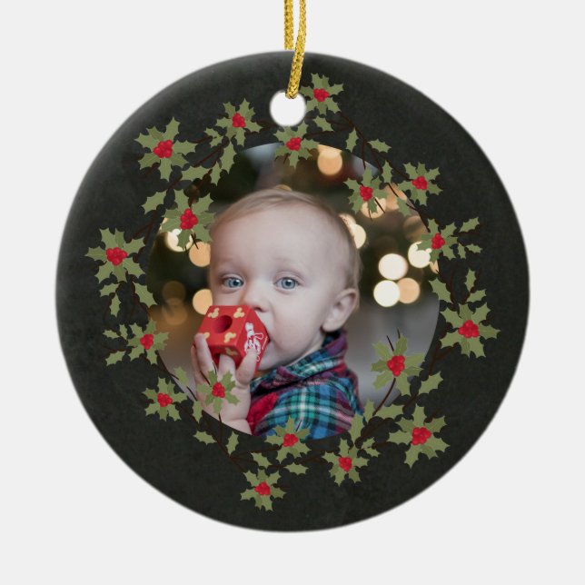 Merry Little Christmas Holly Wreath Foto Keramik Ornament (Vorne)