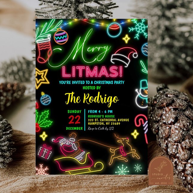 Merry Little Christmas Neon Santa Holiday Party Einladung (Von Creator hochgeladen)