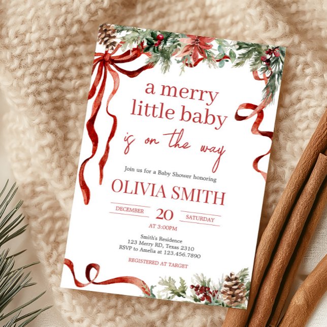 Merry Little Christmas Santa Baby Dusche Einladung (Red Bow Merry Little Christmas Baby Shower Invitation)