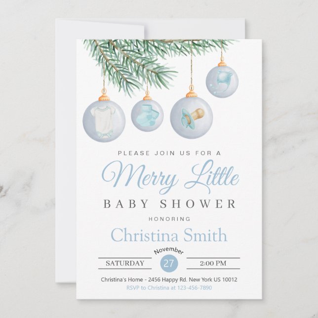 Merry Little Christmas Winter Baby Boy Dusche Einladung (Vorderseite)