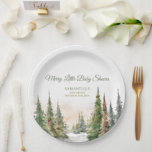 Merry Little Christmas Winter Baby Shower Pappteller<br><div class="desc">Das Design besticht durch eine friedliche Aquarellwaldszene und elegante Goldakzente. Dieses "Merry Little" Babyduschthema ist der ideale Set für ein festliches Fest. Passen Sie den Text so an,  dass er Ihren Veranstaltungsdetails entspricht und Sie ihn ganz Ihren Wünschen entsprechend gestalten.</div>