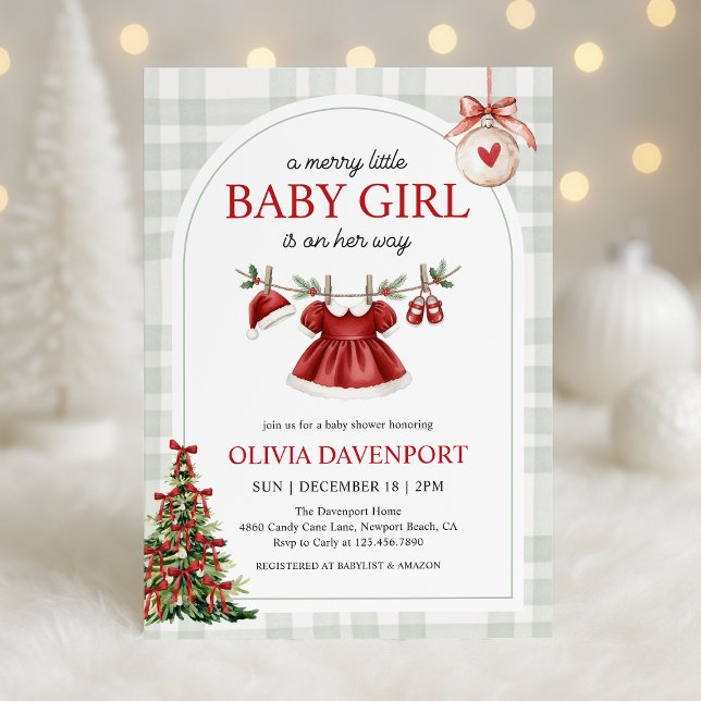 Merry Little Girl Gingham Christmas Baby Shower Einladung (Von Creator hochgeladen)
