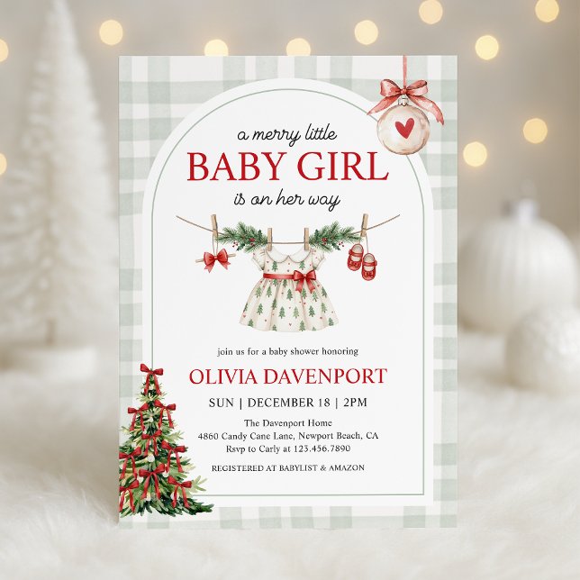 Merry Little Girl Gingham Christmas Baby Shower Einladung (Von Creator hochgeladen)