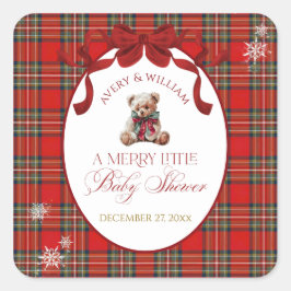 Merry Little Red Bow Christmas Plaid  Quadratischer Aufkleber