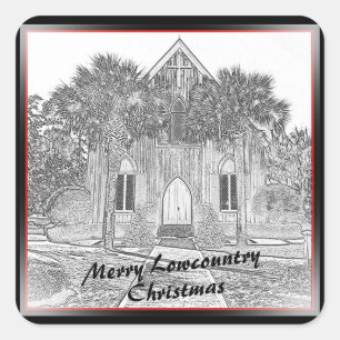 Merry Lowcountry Christmas Bluffton Church Sketch Quadratischer Aufkleber