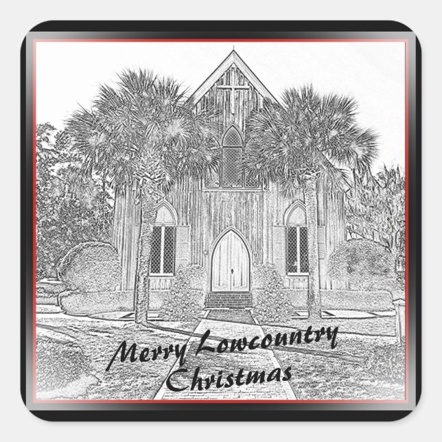 Merry Lowcountry Christmas Bluffton Church Sketch Quadratischer Aufkleber (Vorderseite)