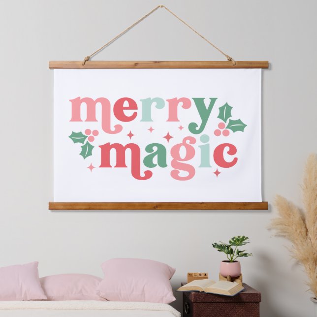 Merry Magic - farbenfrohe Weihnachtstypografie Wandteppich Mit Holzrahmen (Schlafzimmer)