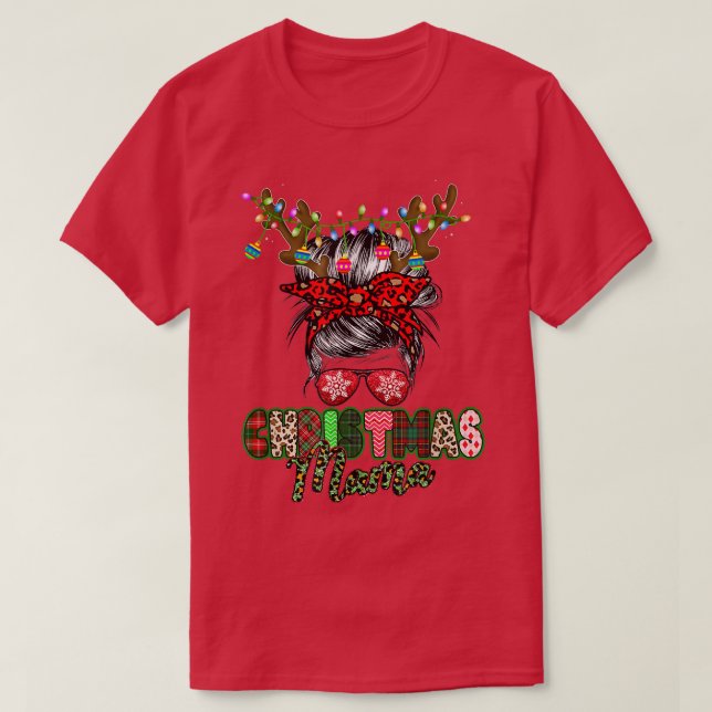 Merry Mama Christmas Messy Bun Ladys Red Kariert L T-Shirt (Design vorne)