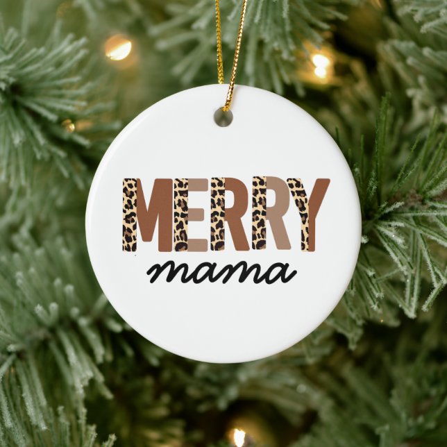 "Merry Mama" Moderner Farbblock Leopard Boho Keramik Ornament (Baum)