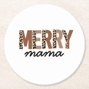 "Merry Mama" Moderner Farbblock Leopard Boho Runder Pappuntersetzer