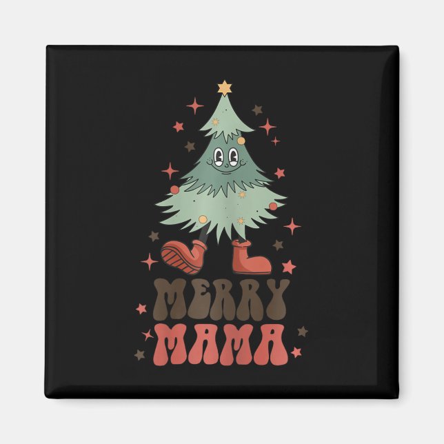 Merry Mama Retro Christmas Tree Face Groovy Matchi Magnet (Vorne)