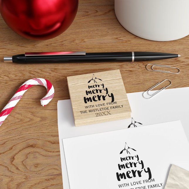 Merry Mistletoe Familienname Weihnachtskautschuk-B Gummistempel (Merry Mistletoe Rubber Stamp with space for your family name and year)