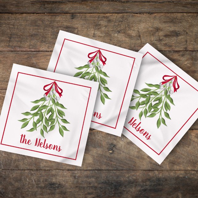 Merry Mistletoe White Berries Serviette (Christmas merry mistletoe watercolor simple customized calligraphy napkin. )