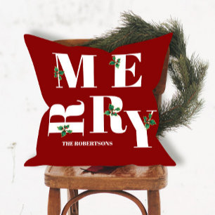 Merry Modern Christmas Red White Holly Watercolor Kissen