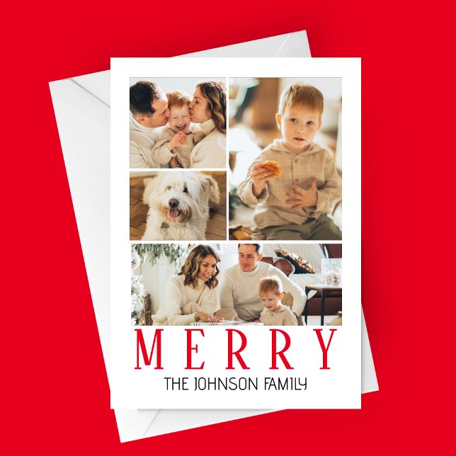 Merry Modern Foto Collage Feiertagskarte (Modern Merry Photo College Christmas Card | Family Photo Card | Holiday Card | 4 Photos)