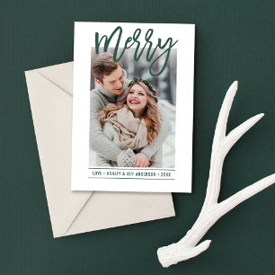 Merry Modern Hunter Green Script Newlywed Foto Feiertagskarte