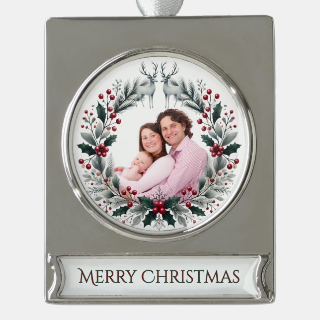 Merry Moments – Customizable Christmas Keepsake Banner-Ornament Silber (Vorderseite)
