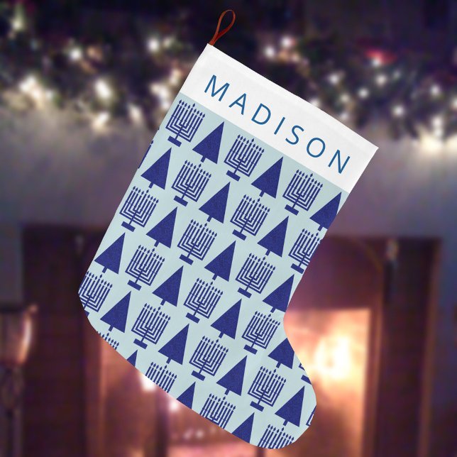 Merry Navy Intergléry Chrismukkah Niedliche Kinder Großer Weihnachtsstrumpf (Add a child's (or adult's!) name to this cute tree and menorah Chrismukkah stocking for the holidays)