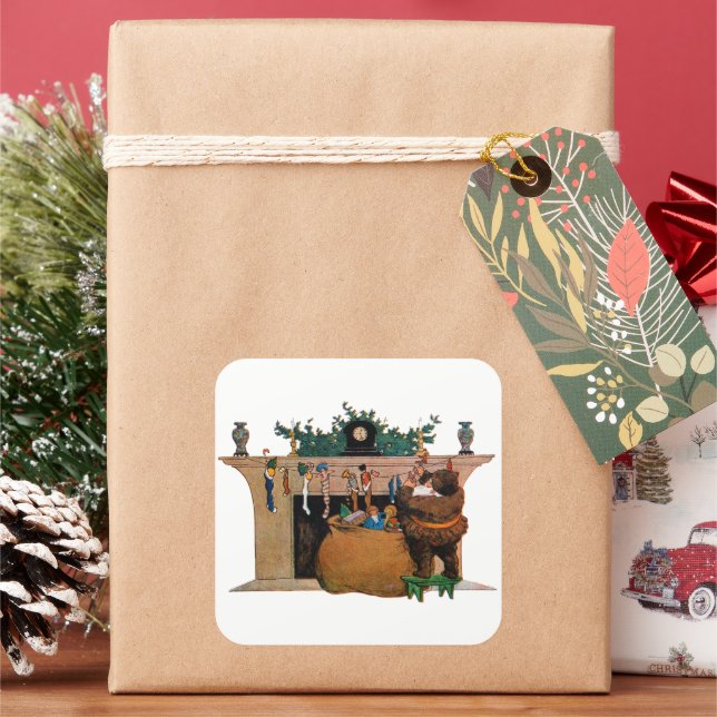 Merry Old Christmas Elf, Jessie Willcox Smith Quadratischer Aufkleber (Feiertag)