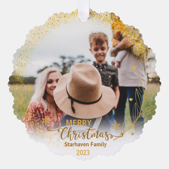 Merry-Ornamente Foto Familienname und Jahresgold Ornament Karte (Vorderseite)