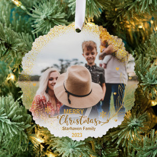 Merry-Ornamente Foto Familienname und Jahresgold Ornament Karte