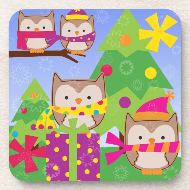 Merry Owls Weihnachts-Untersetzer Getränkeuntersetzer (Vorderseite)